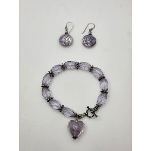 Vintage art glass Heart Bracelet Earrings Set Purple Tone beads Mother Of Pearl